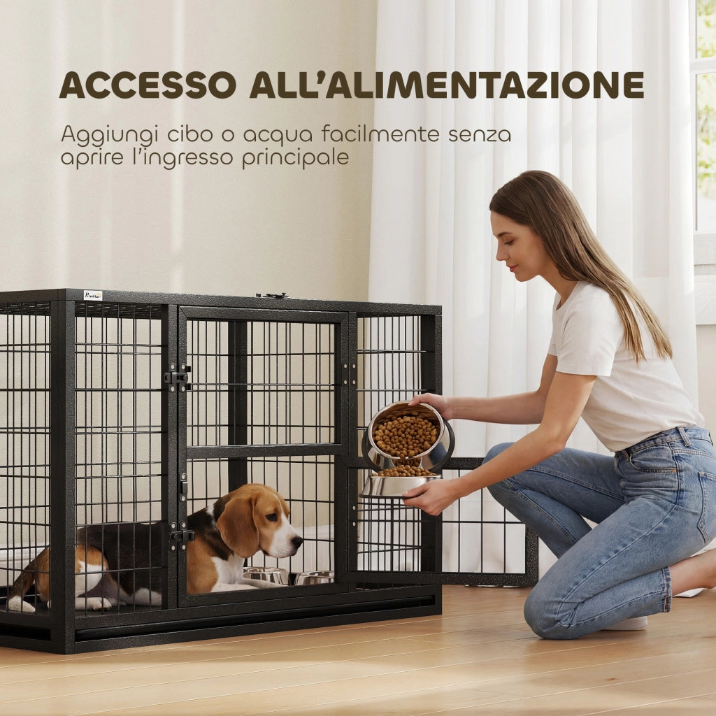 Gabbia per Cani Robusta 94x60x64 cm con Vassoio Rimovibile e Doppia Porta in Acciaio e Plastica Nero