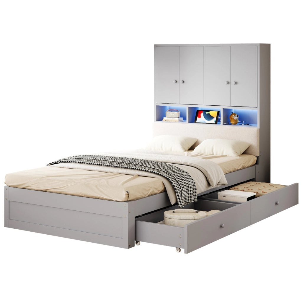 Letto singolo multifunzione 90x200 cm grigio con LED e cassetti