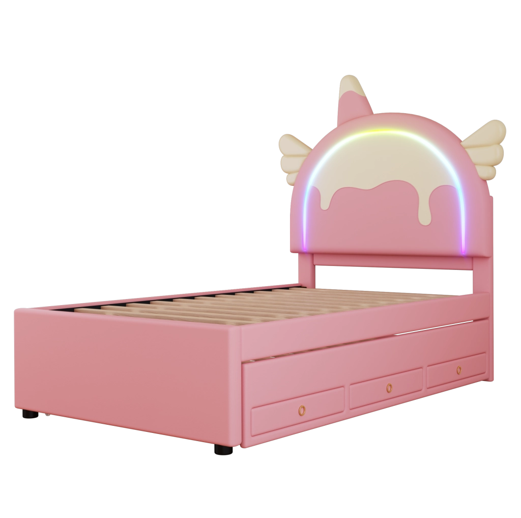 Letto per bambini 90x200 cm; con letto estraibile; PU; rosa