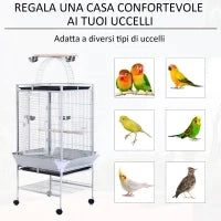 Voliera per Uccelli con Ruote Altezza 161.5cm, Vaschette in Acciaio e Trespoli in Legno, Argento