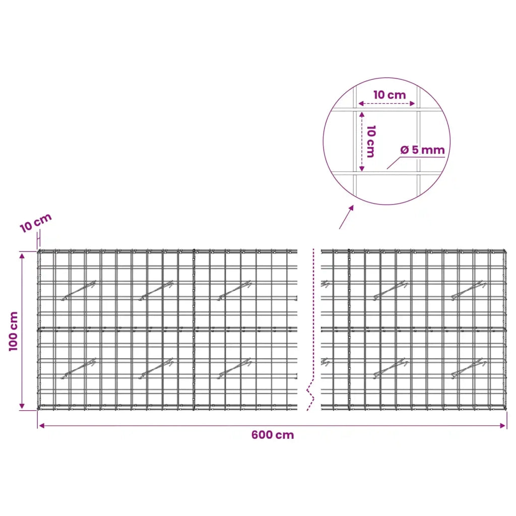 Gabione con Filo da 5 mm e Rete da 10x10 cm 600x10x100 cm 3464934