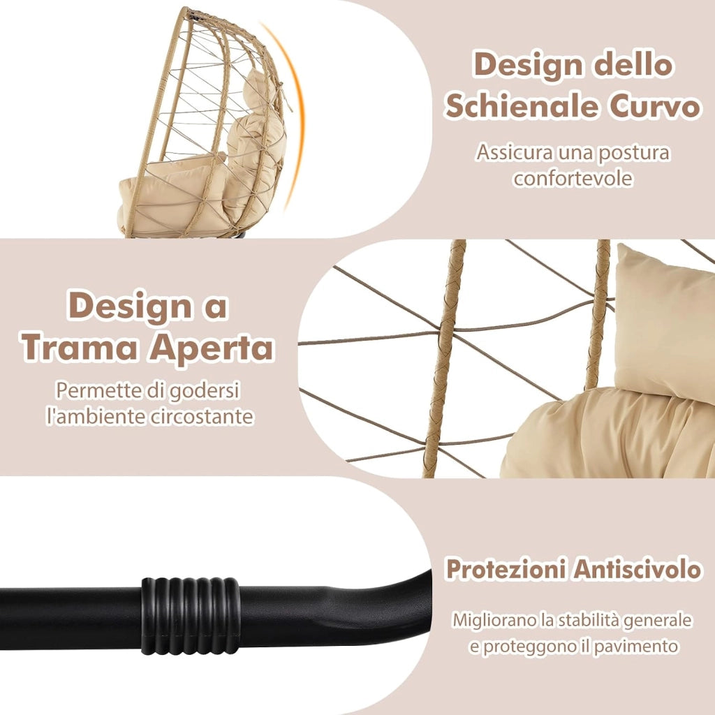 Poltrona in Rattan da Giardino, Sedia a Nido con Cuscino Rimovibile, Supporto in Metallo, Sedia a Uovo da Interni ed Esterni, Portata 150 kg, 100 x 76 x 145 cm (Beige)