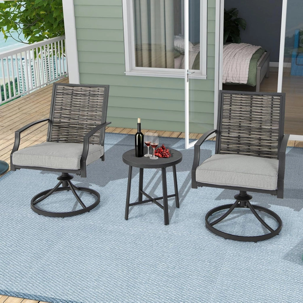 Set da giardino, 3 pezzi, in vimini, per 2 persone, per soggiorno, giardino, con 2 sedie girevoli, 2 cuscini spessi, tavolino, telaio in metallo, set da bistrot per terrazza, giardino, balcone