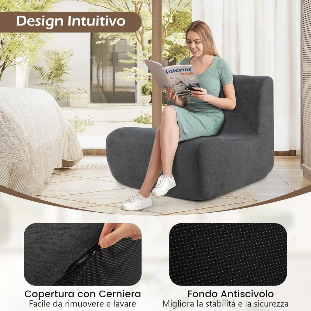 Divano Singolo da Pavimento, Poltrona da Divano con Morbido Velluto e Supporto Ergonomico, Poltrona Sacco da Lettura per Soggiorno, Camera da Letto (Grigio)