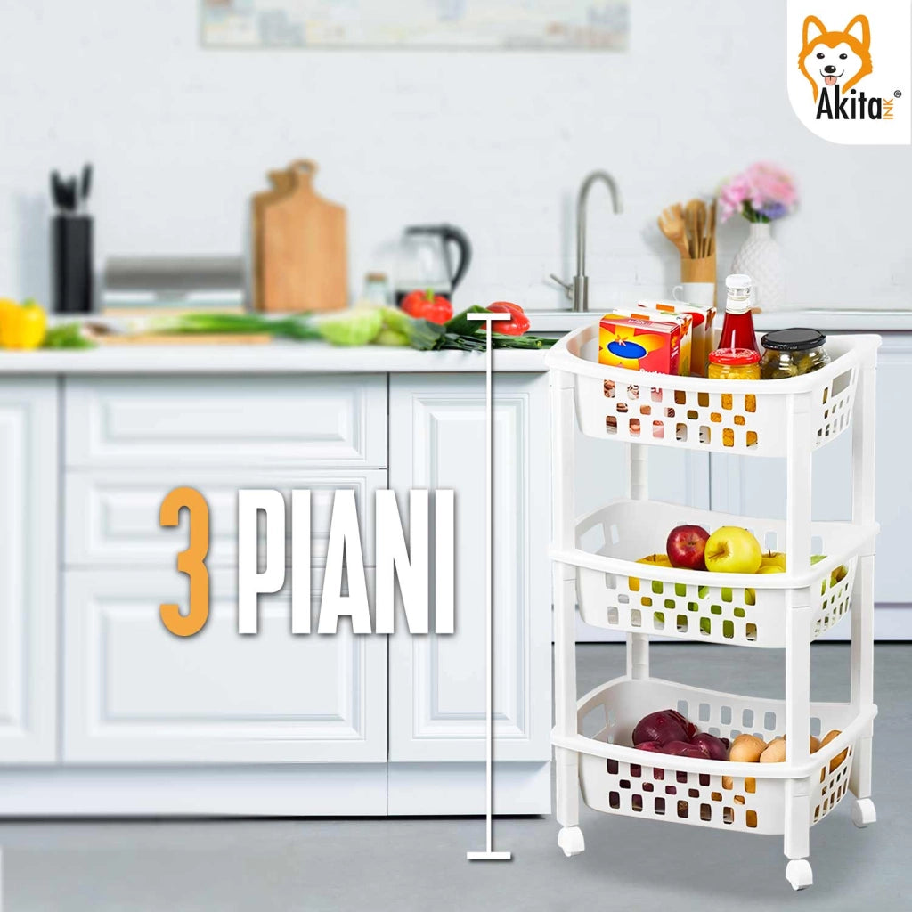 Carrello Multiuso 3 Ripiani Bianco con Ruote | Akitaink