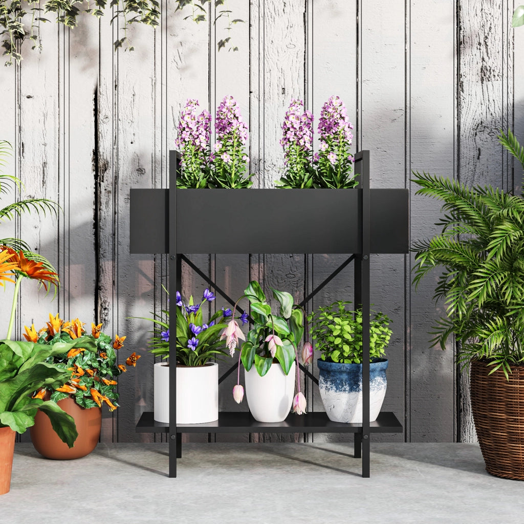 Portafiori a 2 livelli in metallo nero, 60 x 25 x 70 cm, per interno ed esterno