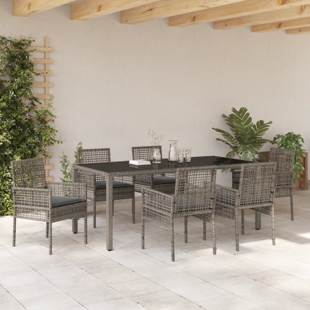 Set da Pranzo per Giardino da 7 Pezzi con Cuscini Grigio Polyrattan