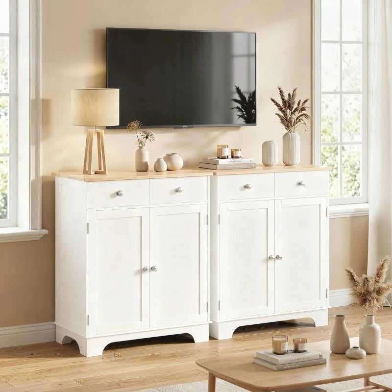 CREDENZA BASSA CON ARMADIETTO 2 ANTE, RIPIANI REGOLABILI E 2 CASSETTI, BIANCO E LEGNO