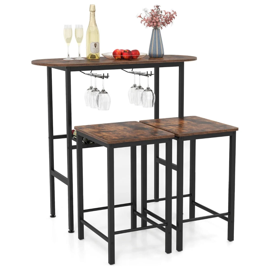 Set da 3 pezzi con tavolo ovale da pub dimensioni 100 x 40 x 95 cm con portabottiglie e design ergonomico in stile industriale in metallo marrone rustico e legno. Codice articolo: 20_0011942.