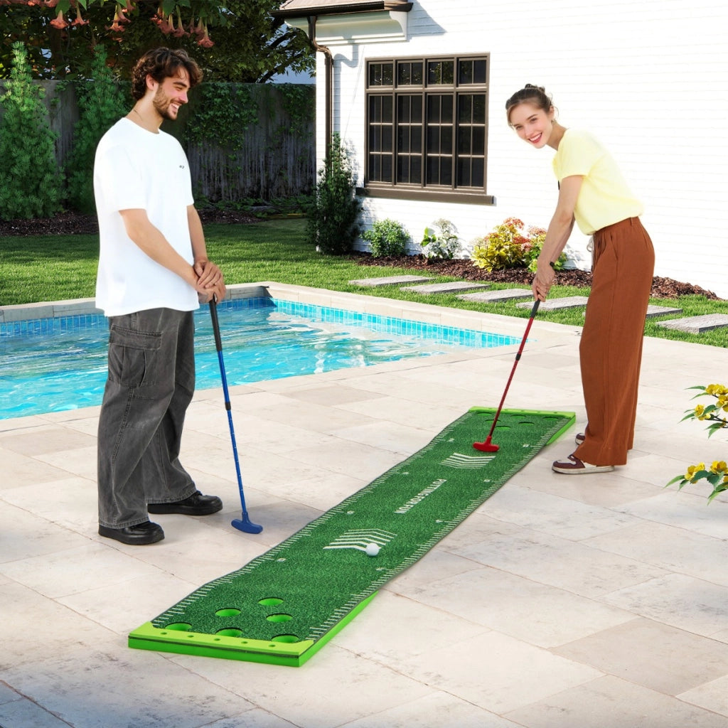 Set gioco golf pong con 2 putter regolabili da golf per allenamento interno, Tappeto da putting green 332 cm Verde