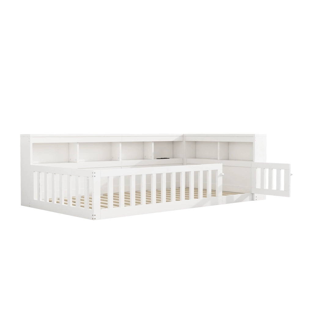 Letto singolo 90x200 cm con rete a doghe; vano portaoggetti; prese elettriche e USB; bianco