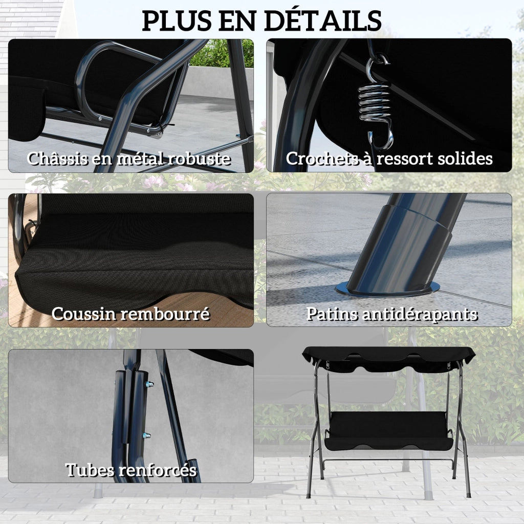 Balancelle 3 Posti con Cuscini ¨C zephmum ¨C Nero, Polipropilene, 200x120x150 cm
