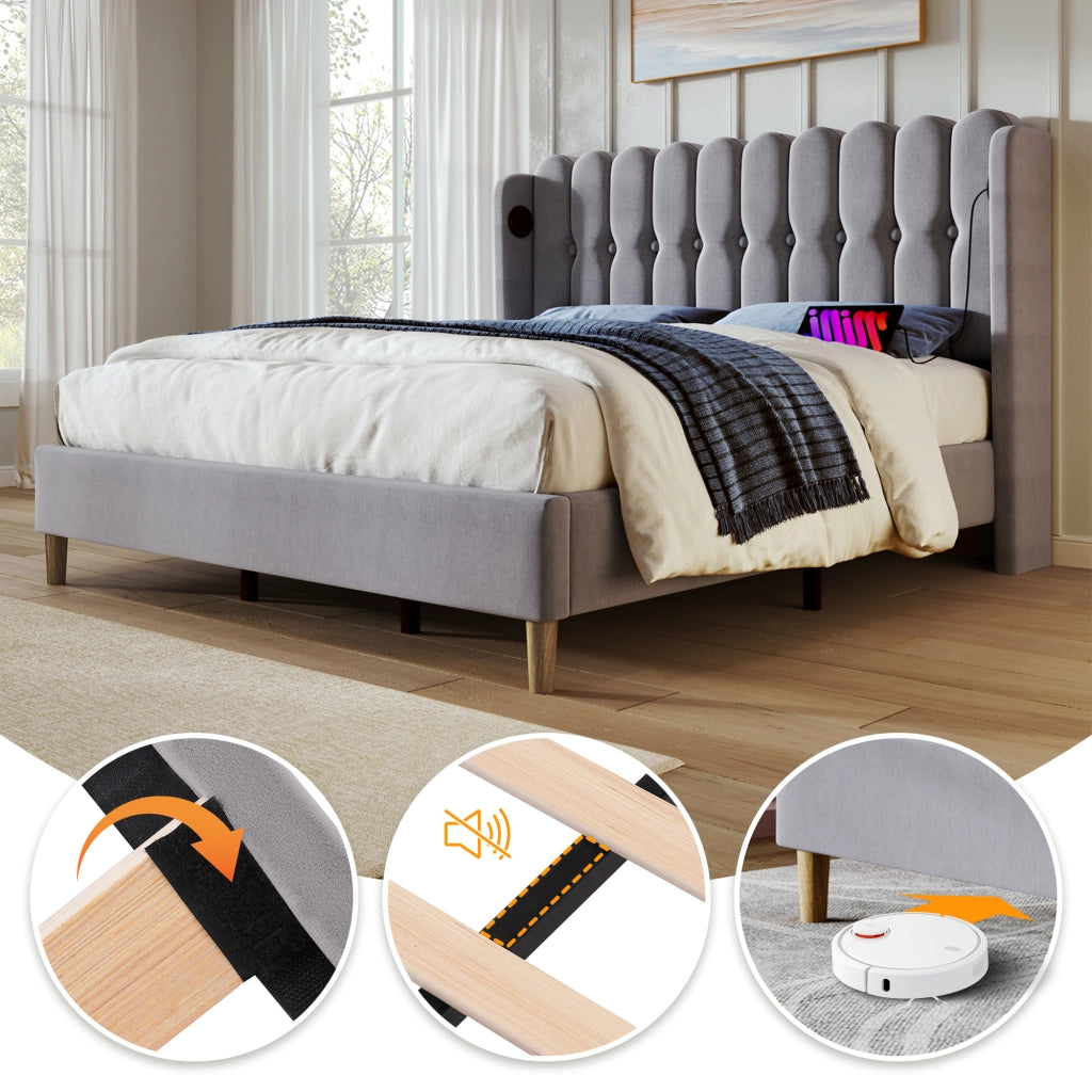 OKWISH Letto Imbottito 160×200 cm, Letto Matrimoniale con Porte USB e Tipo C, Testiera Imbottita, senza Materasso, in Lino, Grigio