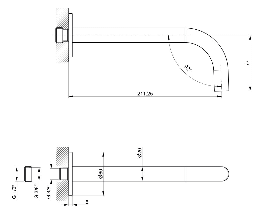 Bocca Erogazione a Parete Lavabo da 210 mm in Acciaio Inox Satinato Nilo