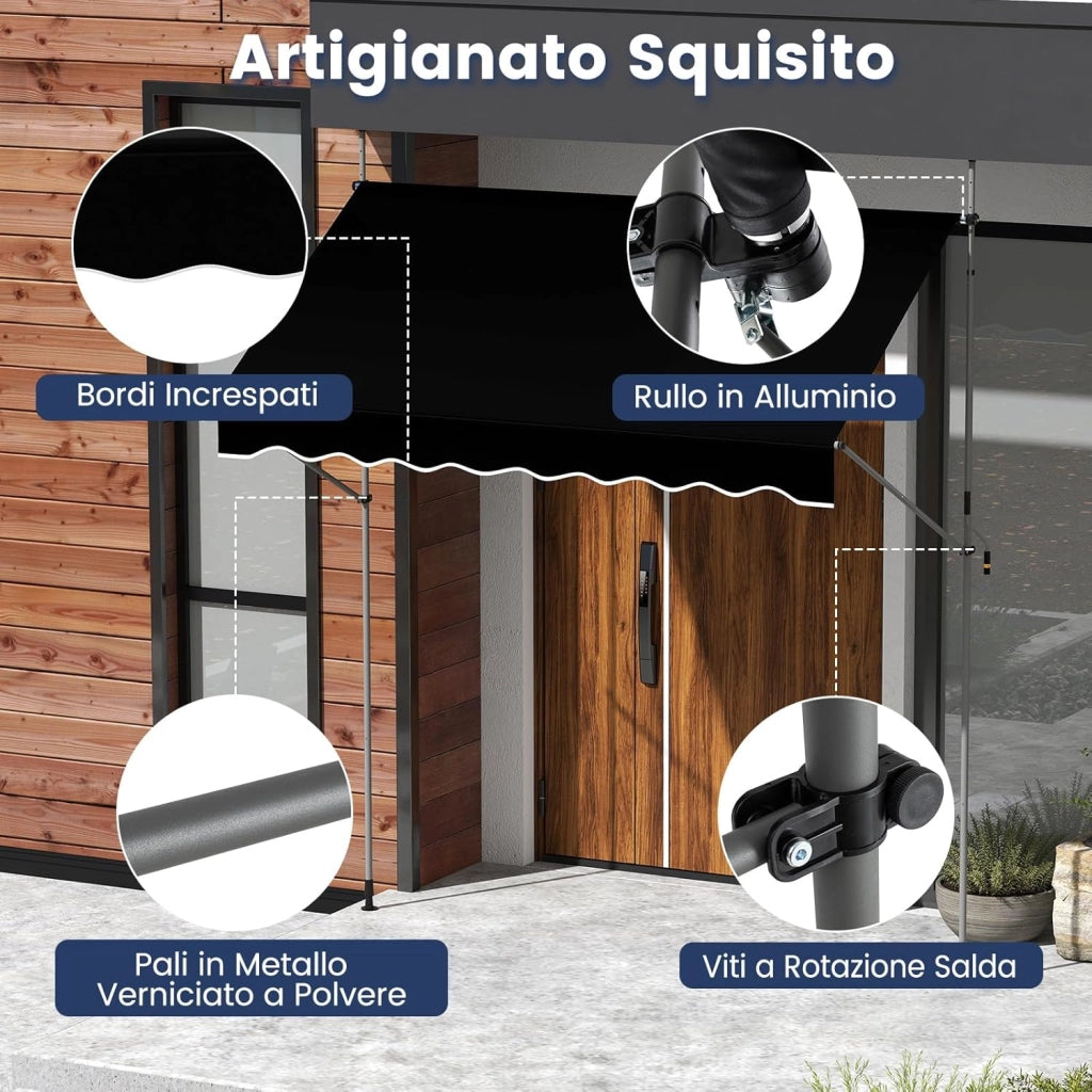 Tenda da Sole a Morsetto, Regolabile in Altezza e Inclinazione con Manovella, Telo Impermeabile e Resistente ai Raggi Solari e Telaio Antiruggine, Tenda Retrattile Senza Foratura (2,5M,Nero)