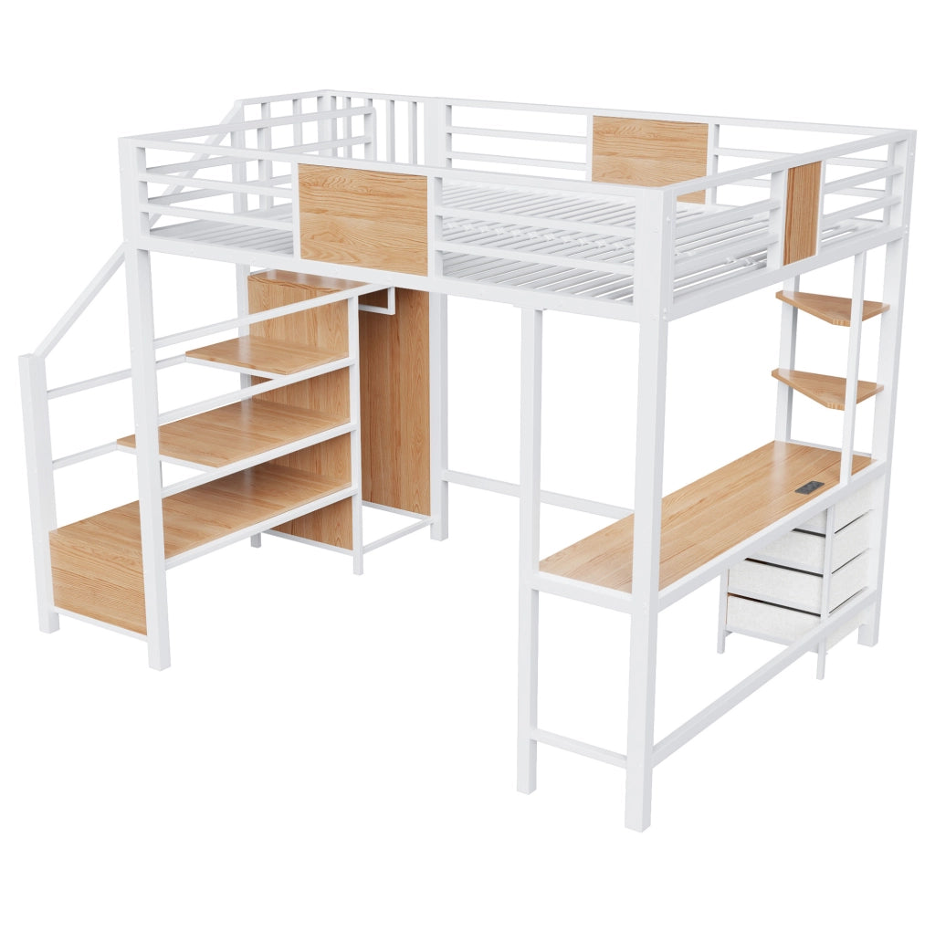 Letto a soppalco 140x200 cm con scrivania; ripiani; appendiabiti; LED e presa; metallo bianco