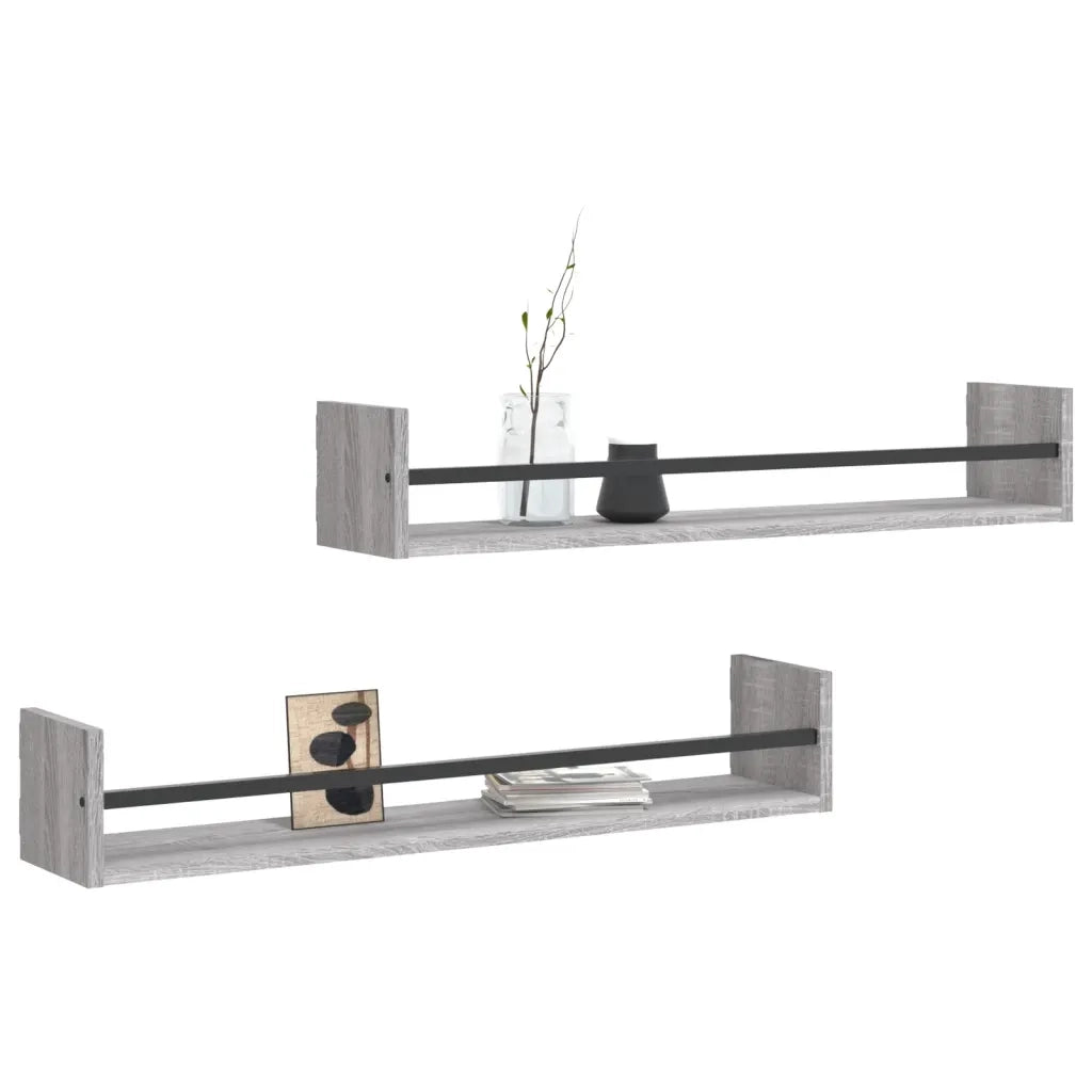2 pz Mensole a Parete | Scaffale Parete | Ripiano a parete con Aste Grigio Sonoma 80x16x14 cm