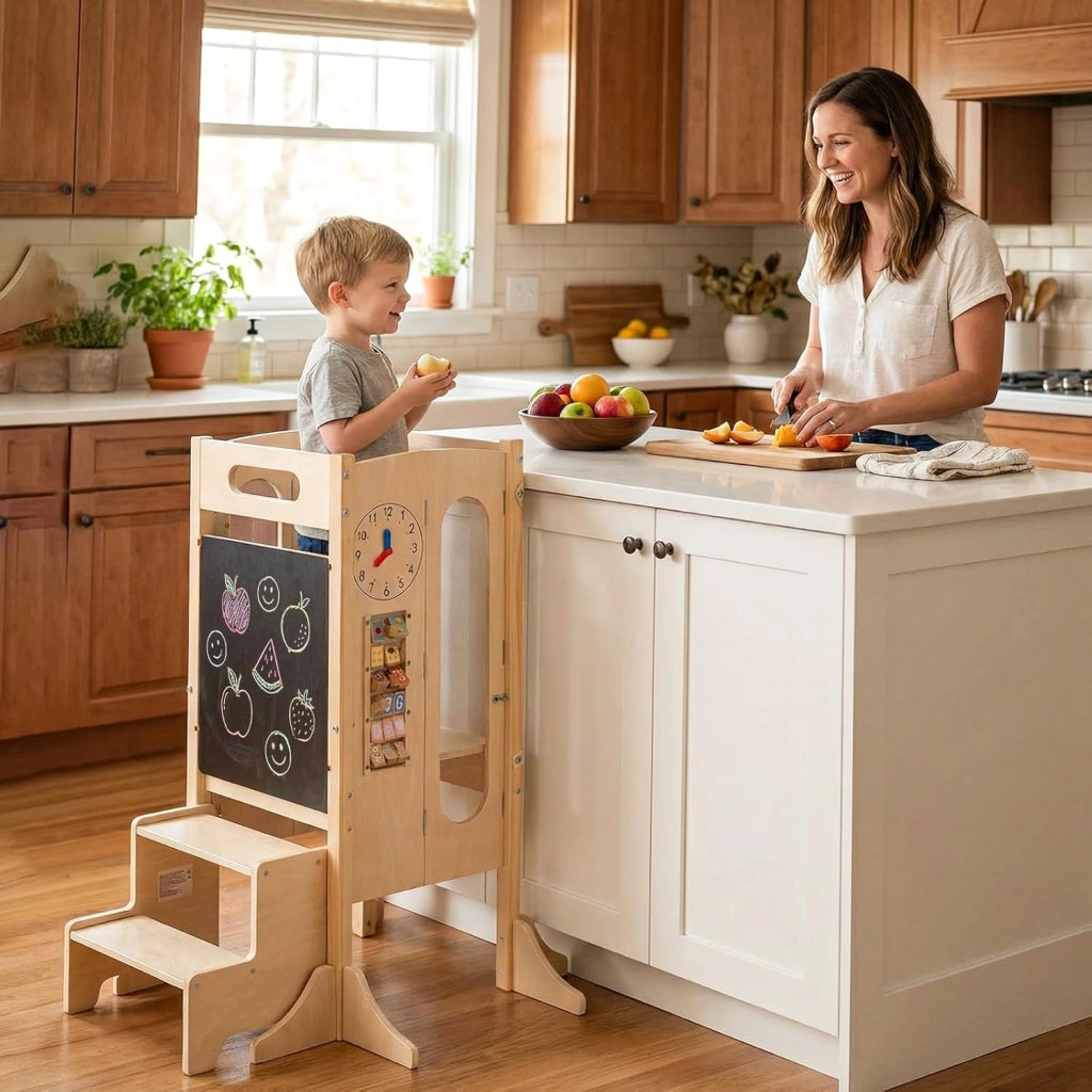 Torre Montessoriana Pieghevole per Bambini, Sgabello da Cucina in Legno con 2 Scalini e Rete Sicurezza, Torre di Apprendimento Montessoriana con Lavagna e Giochi Sensoriali per Bambini 3+ Anni