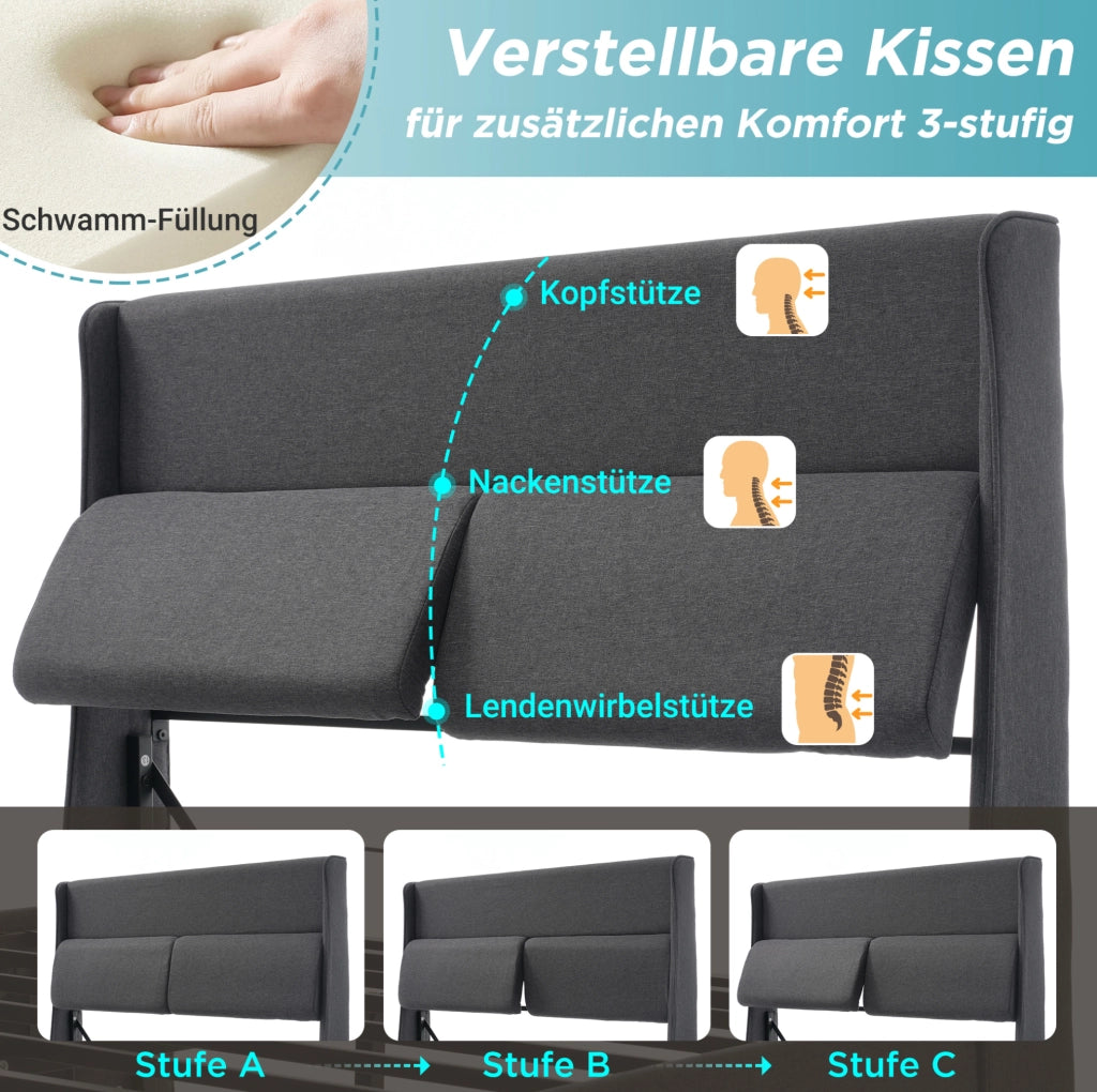 Letto imbottito con contenitore e testiera regolabile grigio 160 x 200 cm