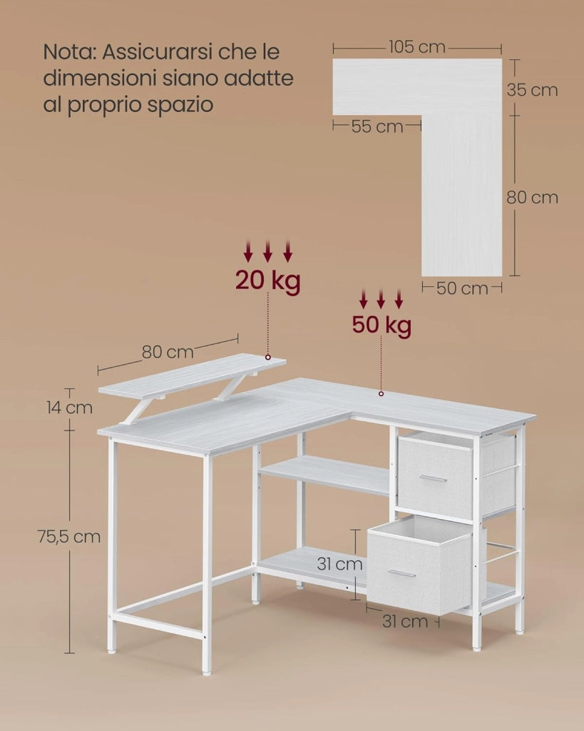 VASAGLE Scrivania per Computer a L, Scrivania ad Angolo con 2 Cassetti Spaziosi e Supporto per Monitor, Ripiano Regolabile, per Ufficio Studio, Bianco Acero LWD097W01
