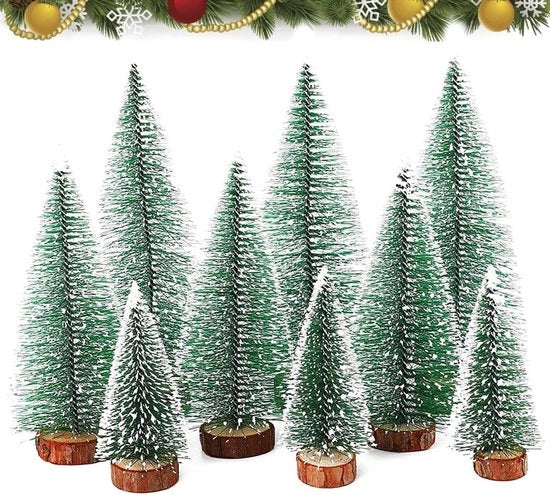 Albero di Natale Mini Finto Neve - Decorazione da Tavola - 3 Pezzi - Base in Legno - Sostenibile - 10/16/20 cm - Albero di Natale da Tavola