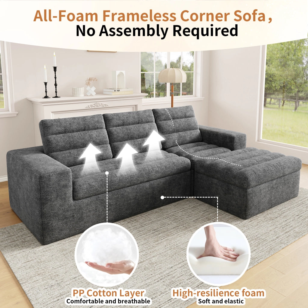 Divano angolare modulare in chenille con design senza telaio e cuscini morbidi, grigio chiaro, 253 × 161 × 89 cm