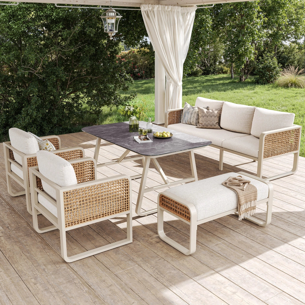 Set giardino 6-7 persone: sedute rattan PE; tavolino; Divanooo cuscini lavabili; piedini regolabili; beige