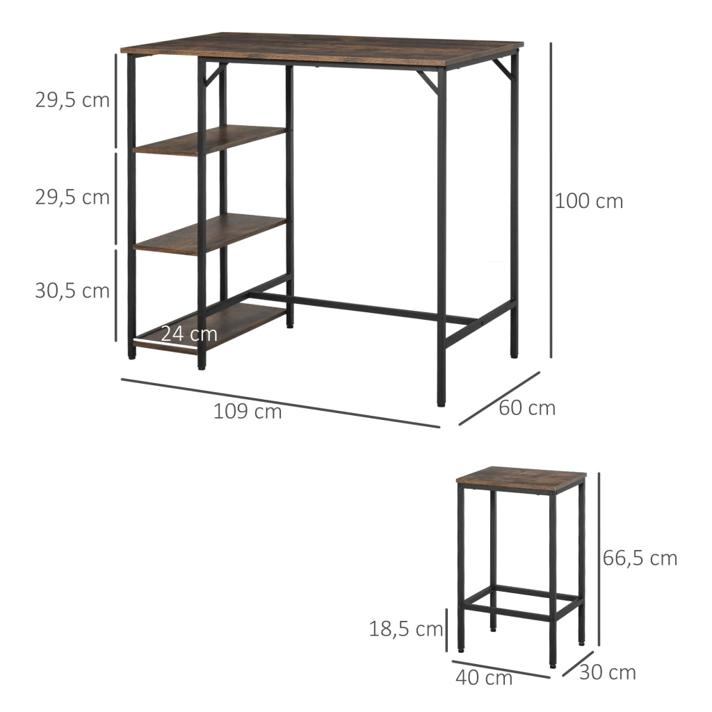 Set tavolo bar con 2 sgabelli ¨C Xylo ¨C legno marrone rustico con ripiani e poggiapiedi 109x60x100 cm