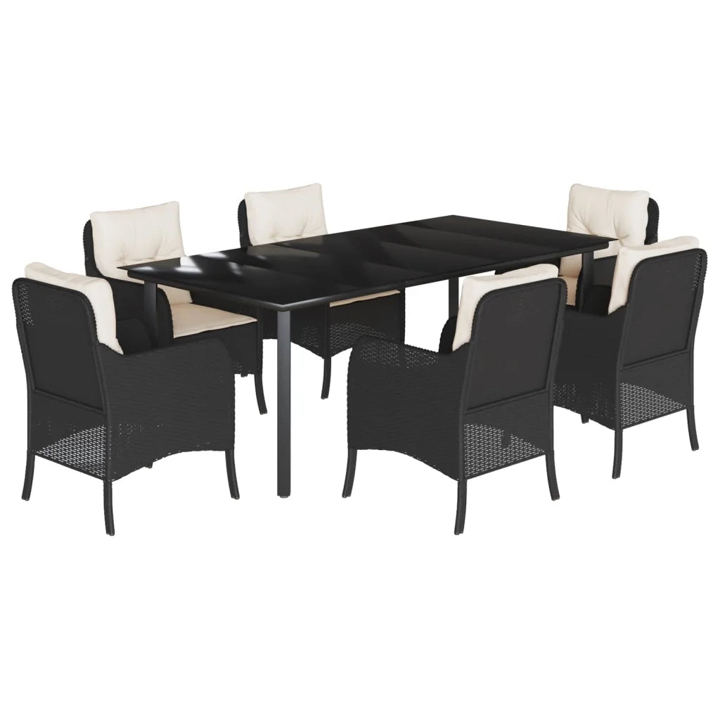 Set da Pranzo da Giardino 7 pz Nero con Cuscini in Polyrattan