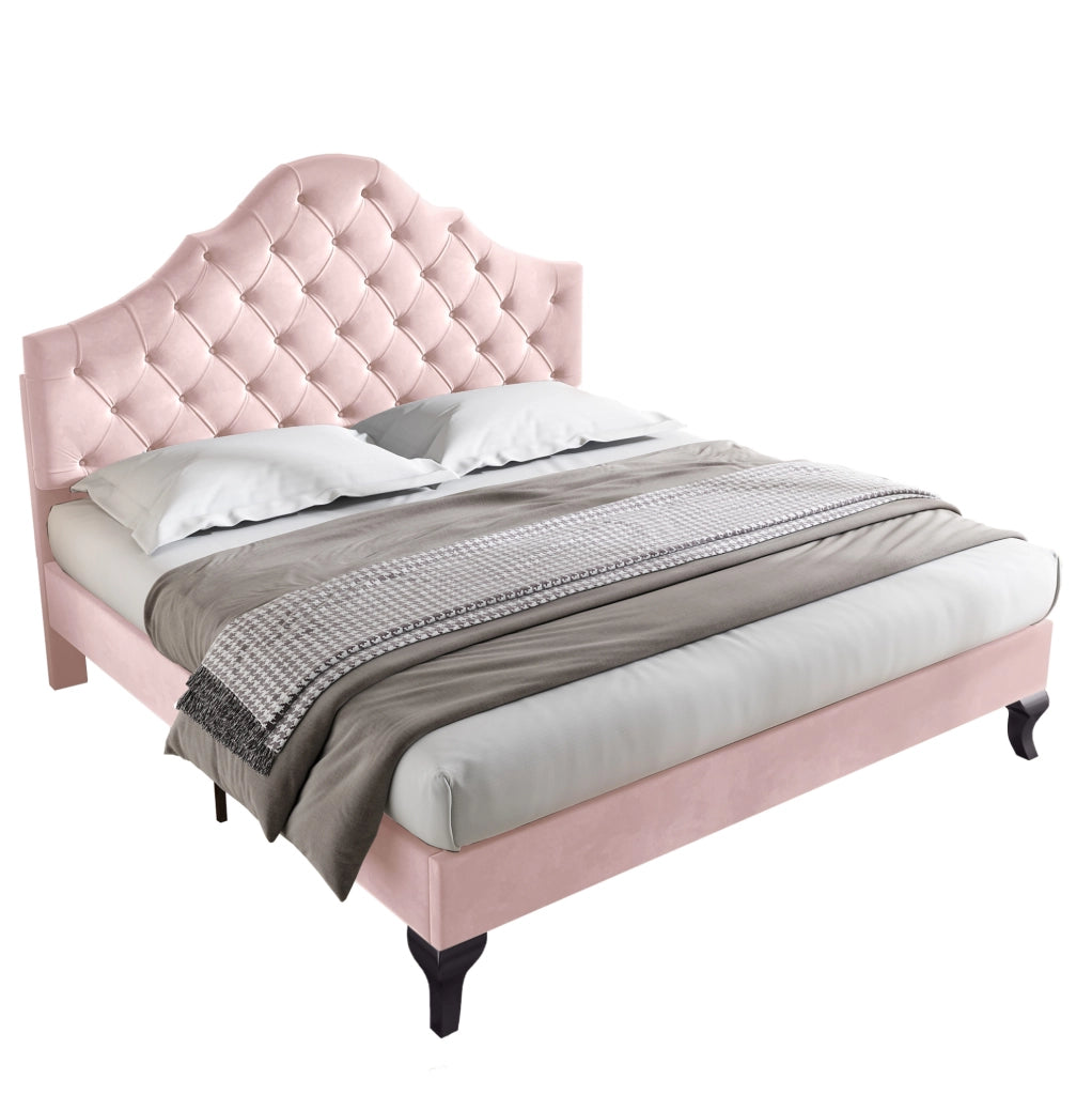 Letto imbottito 140x200 cm in velluto rosa con testiera regolabile