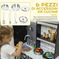 Cucina Giocattolo per Bambini 3-8 Anni in Legno con Accessori, Frigo, Lavandino e Manopole con Suoni, Marrone