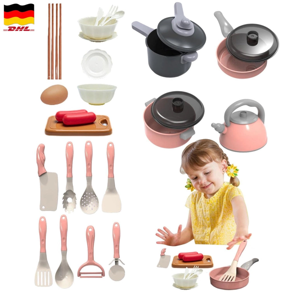 Set cucina giocattolo da 28 pezzi con utensili e alimenti simulati