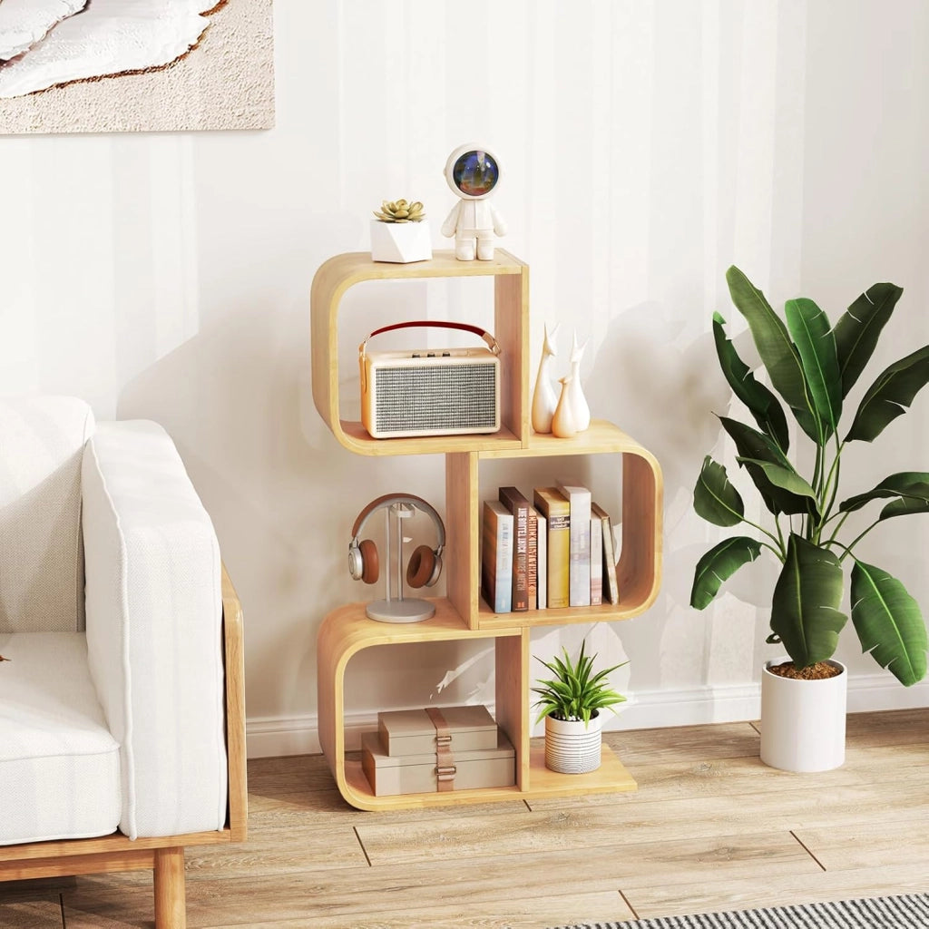 Libreria a Forma di S a 3 Cubi, in Bambù con Angoli Arrotondati e Dispositivo Anti-Ribaltamento, Scaffale Aperto per Soggiorno, Angolo e Camera da Letto (3 cubi)