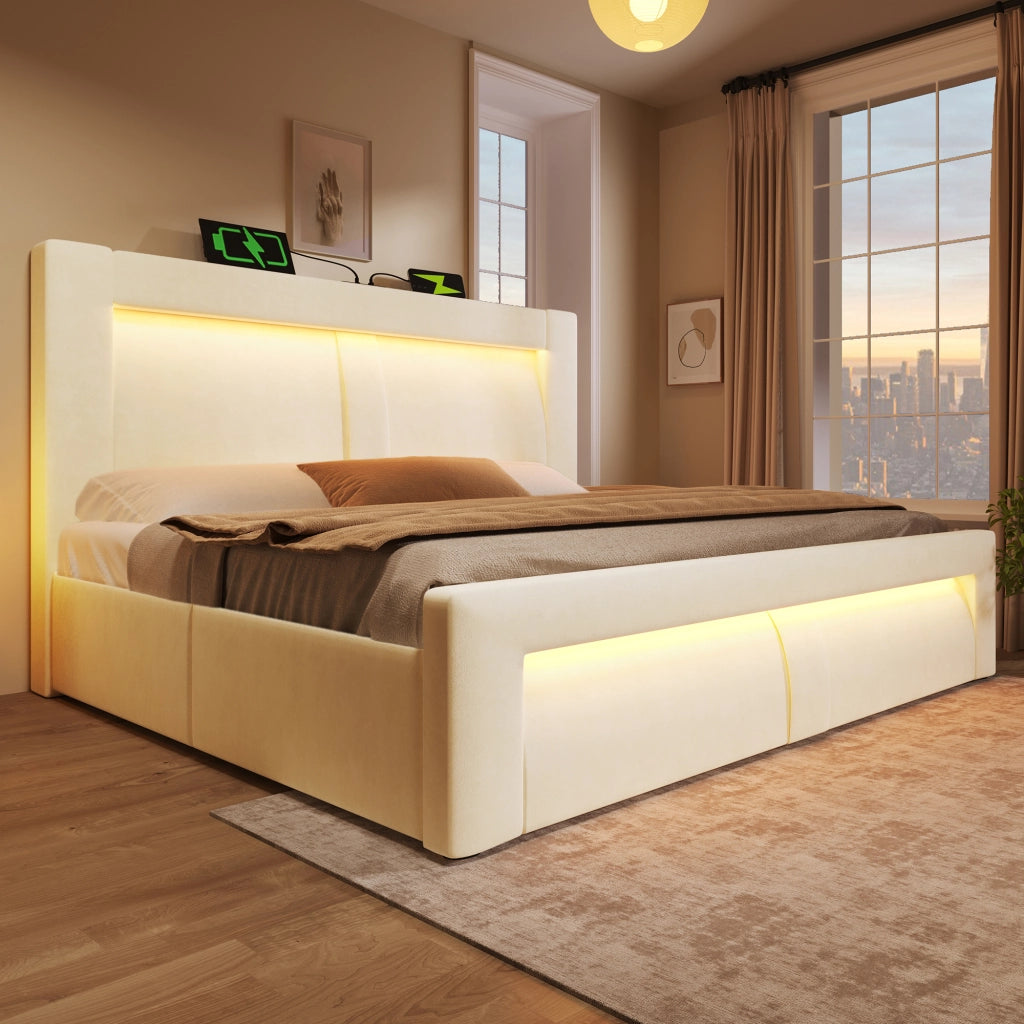 Letti contenitori 160x200 cm con contenitore; LED e ricarica USB; velluto beige (Senza materasso)