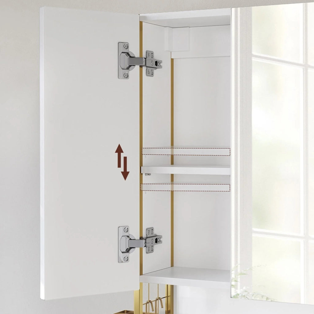Mobiletto da bagno sospeso con specchio 70 x 14,5 x 70 cm con luce LED 3 ante ripiano regolabile portaphon stile moderno chic bianco e oro 12_0004037
