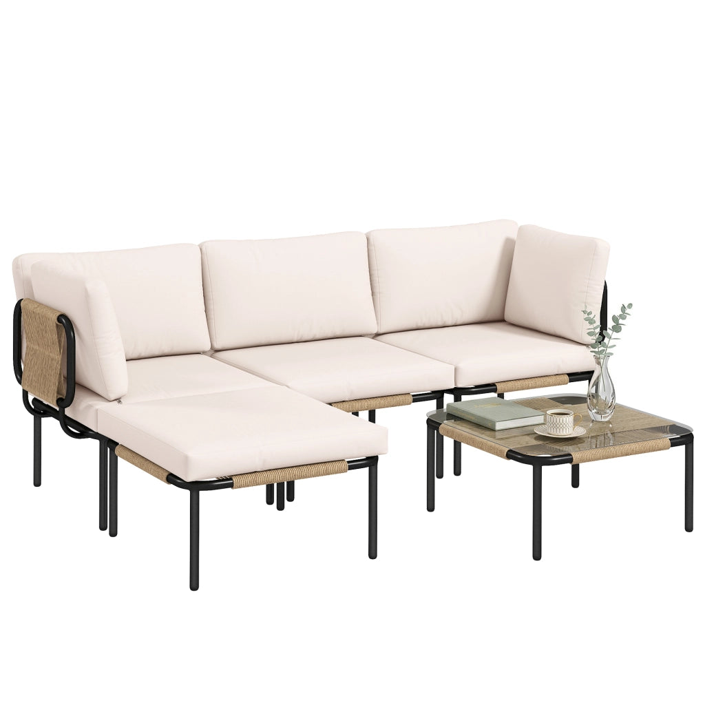 Set Divano da Giardino Polyrattan 5 Pezzi ¨C Zephmum ¨C Grigio con Tavolino Vetro e Cuscini