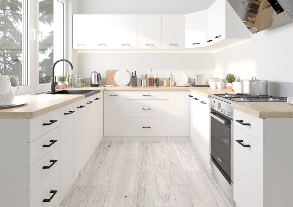 Set da cucina con vetrina AKORD OLIWIA 3,0 m Bianco 300 cm 11 ante 1 cassetto frontale Cemento 300×46×203 cm