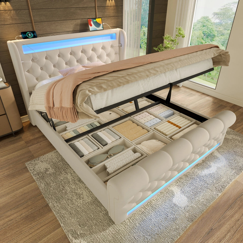 Letto matrimoniale 140x190 cm in velluto beige con LED; contenitore idraulico e ricarica USB Type-C