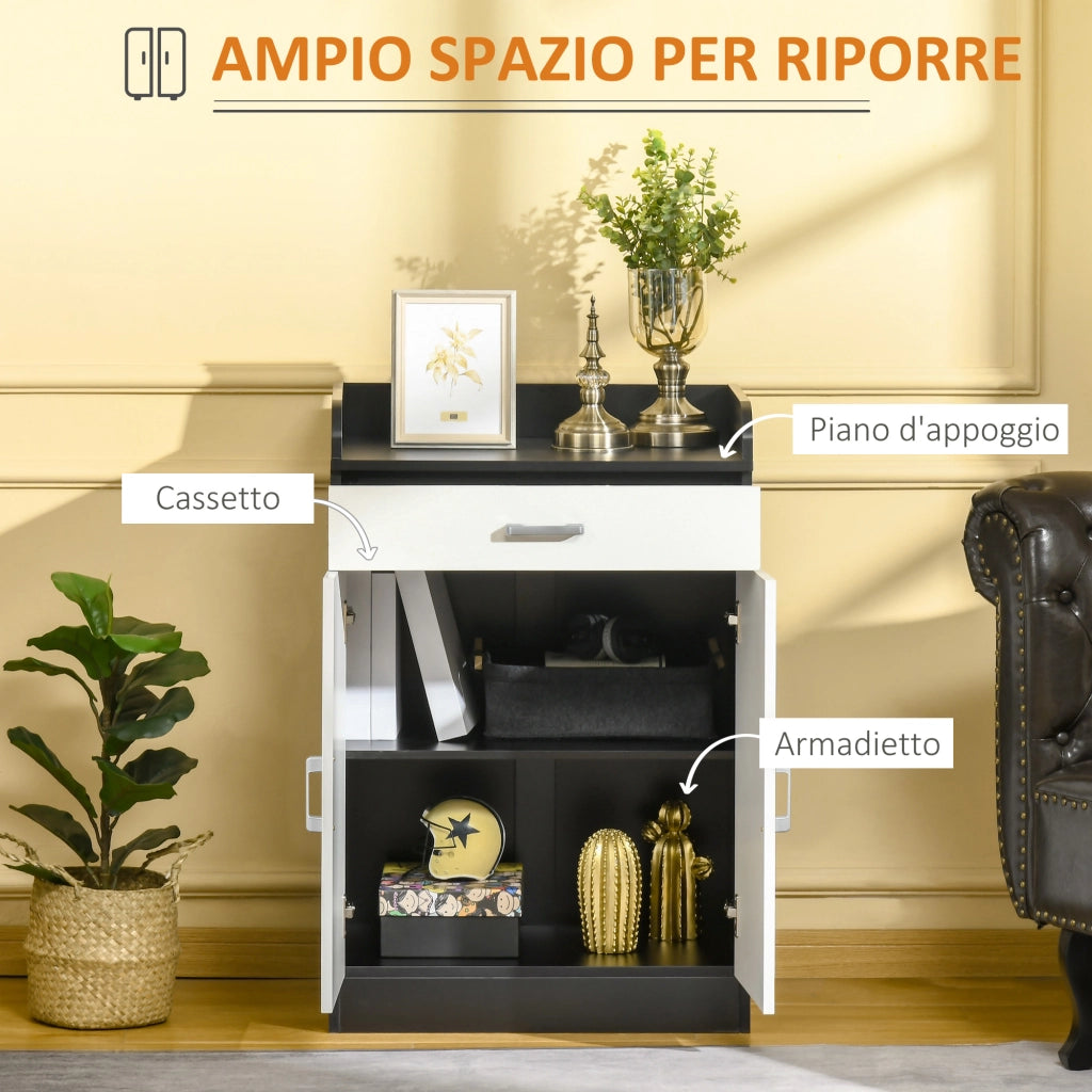Mobiletto da Ingresso con Cassetto e Ripiano Regolabile ¨C zephmum ¨C Legno MDF Bianco e Nero 60x40x90cm