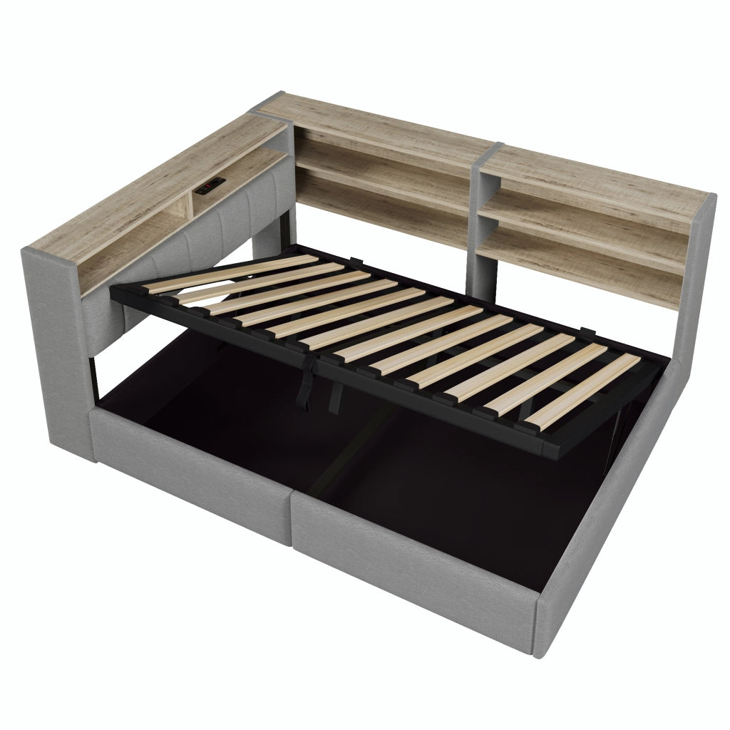 Letto Contenitore Matrimoniale LEMONMAX 140x200 cm con Sollevamento Idraulico, LED APP, USB-A/USB-C e Modulo Laterale, Velluto Grigio