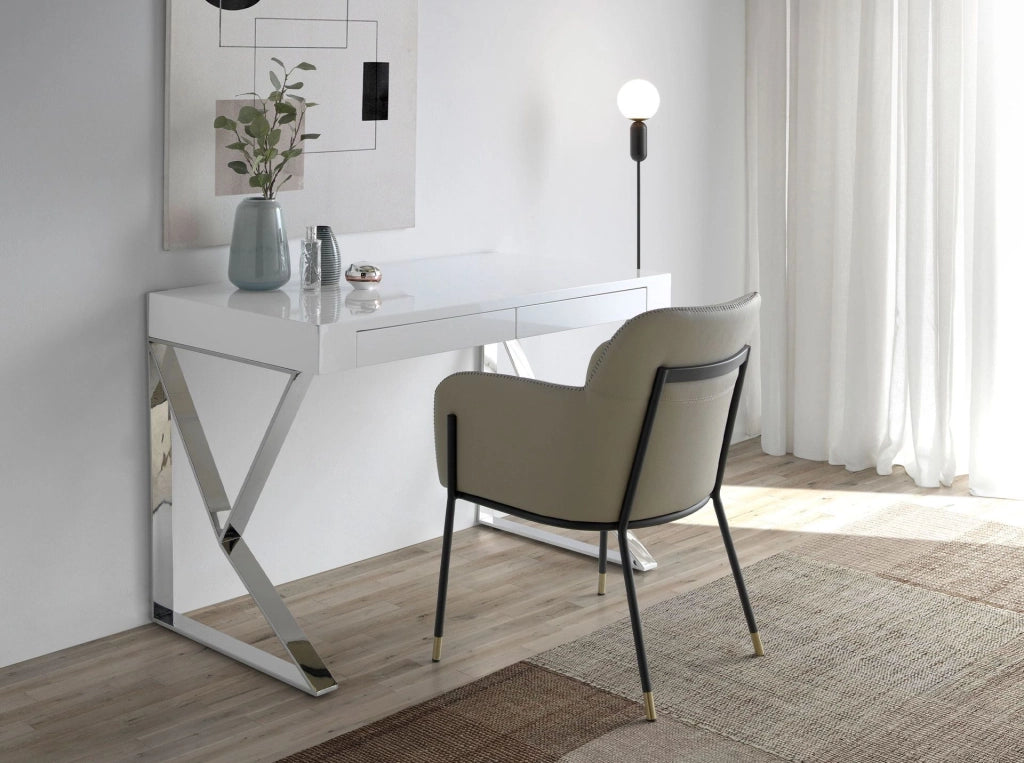 Scrivania in legno bianco e acciaio cromato