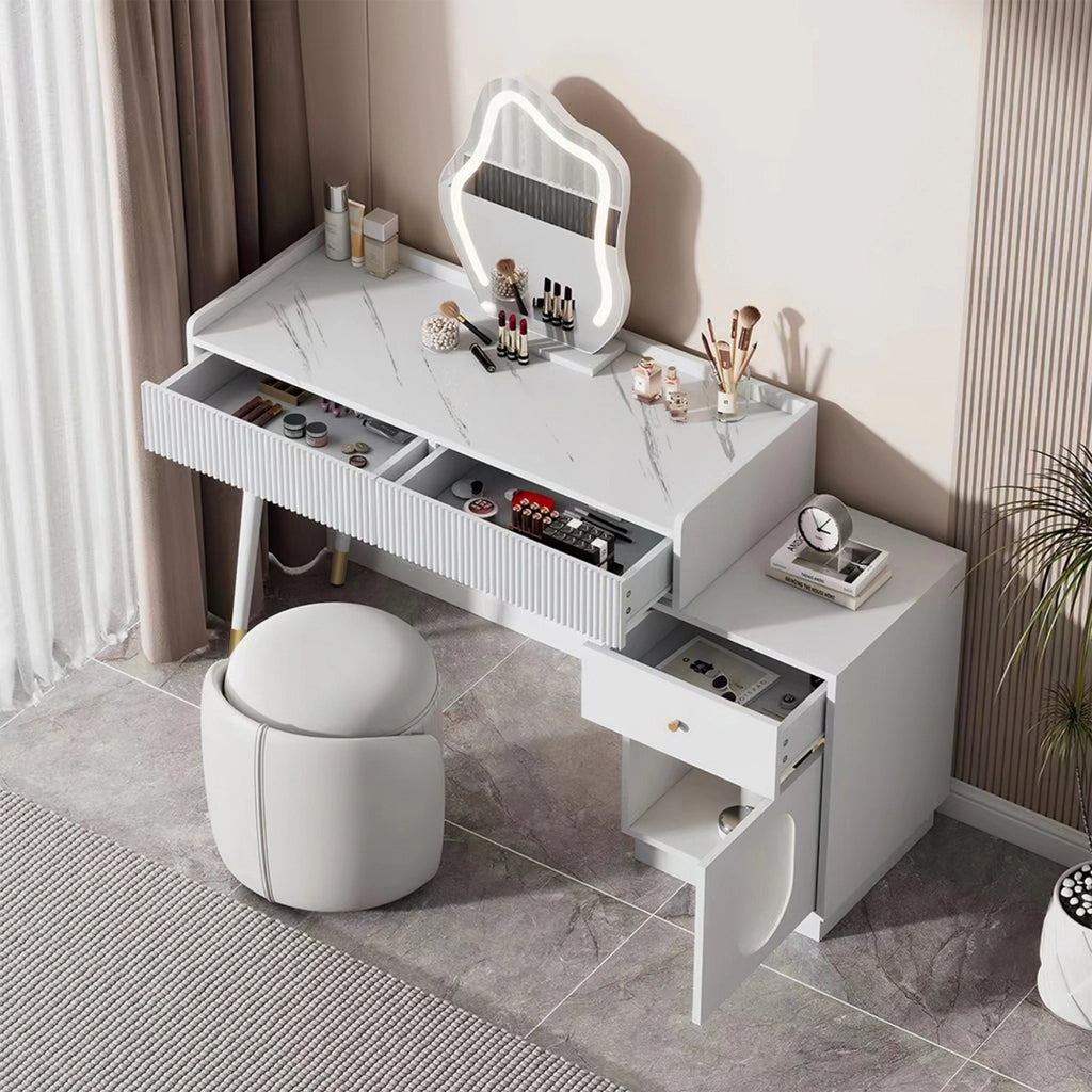 Tavolo da trucco con specchio LED e illuminazione, colore bianco, con due cassetti e mobile laterale, 100 x 75 x 40 cm