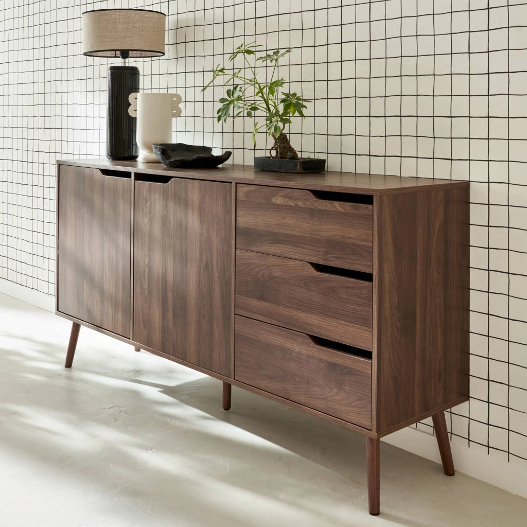 Credenza scandinava a 2 ante effetto legno di noce, 160cm, noce