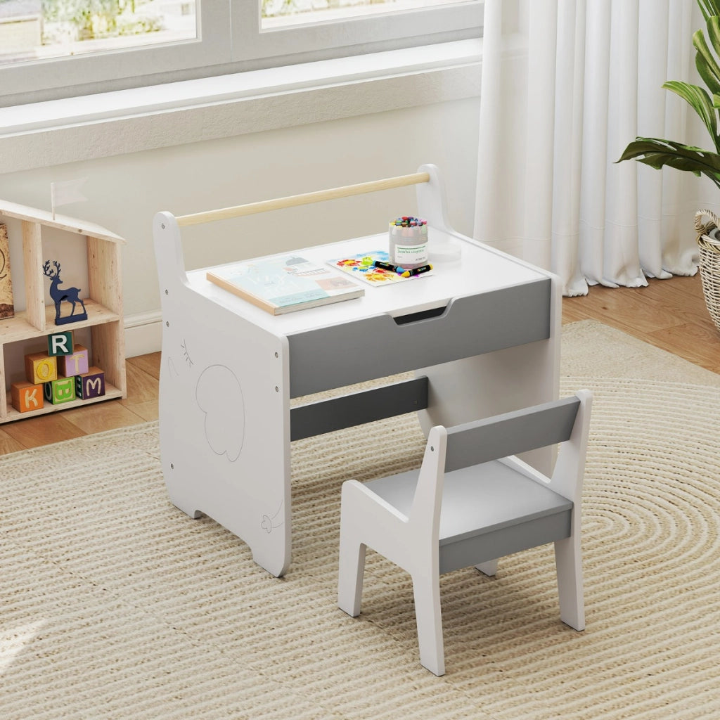 Set tavolo e sedia per bambini con piano rimovibile 2-in-1, Set scrivania in legno con spazio di archiviazione Grigio e Bianco-Tavoli e sedie