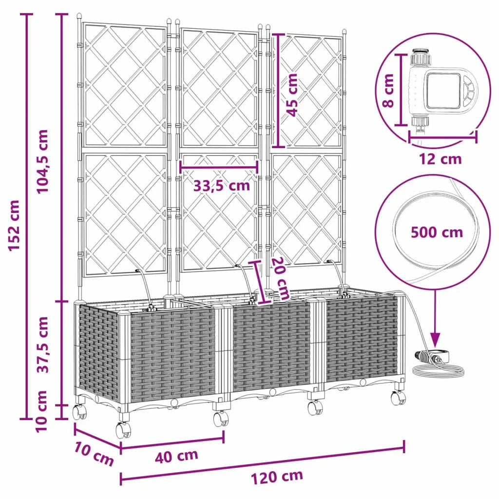 Vaso da Giardino con Irrigazione e Ruote 3 pz Nero PP 3423092