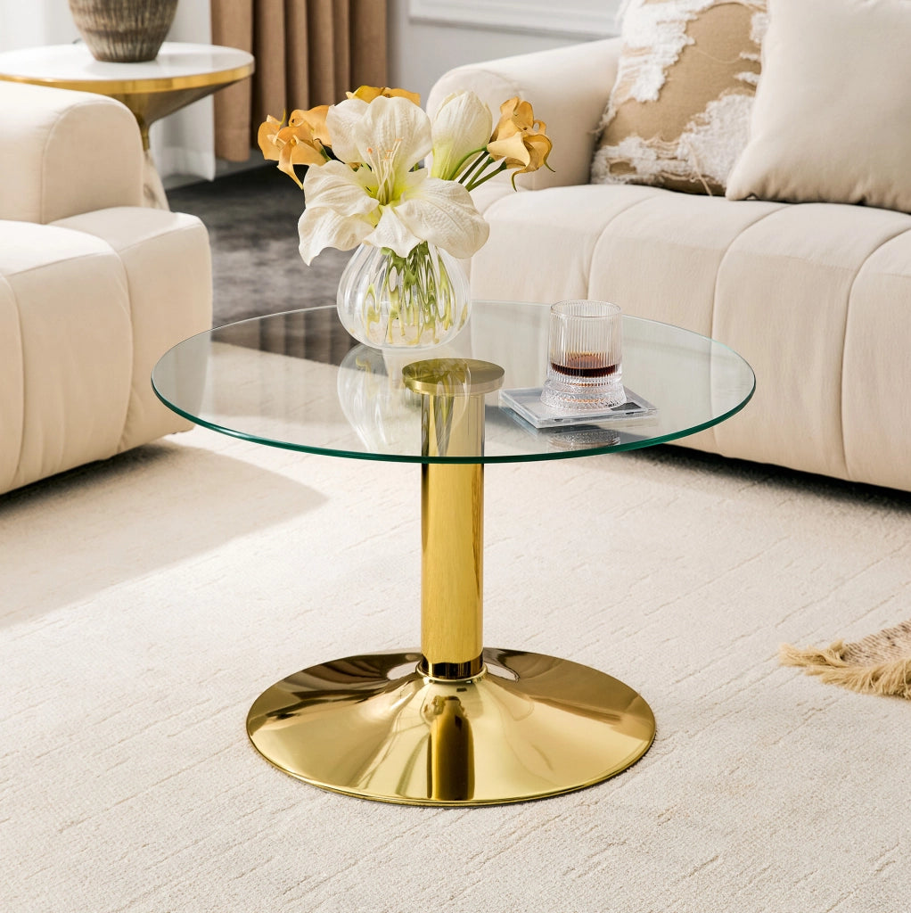 Tavolino da caffè rotondo in vetro temprato e metallo ? 70 cm; oro