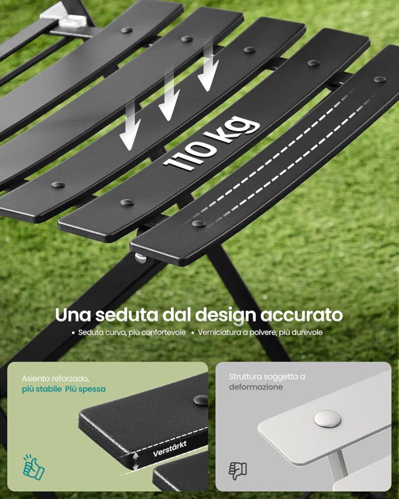 SONGMICS Set da Giardino da Esterno, 3 Pezzi, 2 Sedie, 1 Tavolo, Pieghevole, Salottino da Esterno, Acciaio, Resistente alle Intemperie, per Balcone, Terrazza, Nero Inchiostro GGF036BZ01