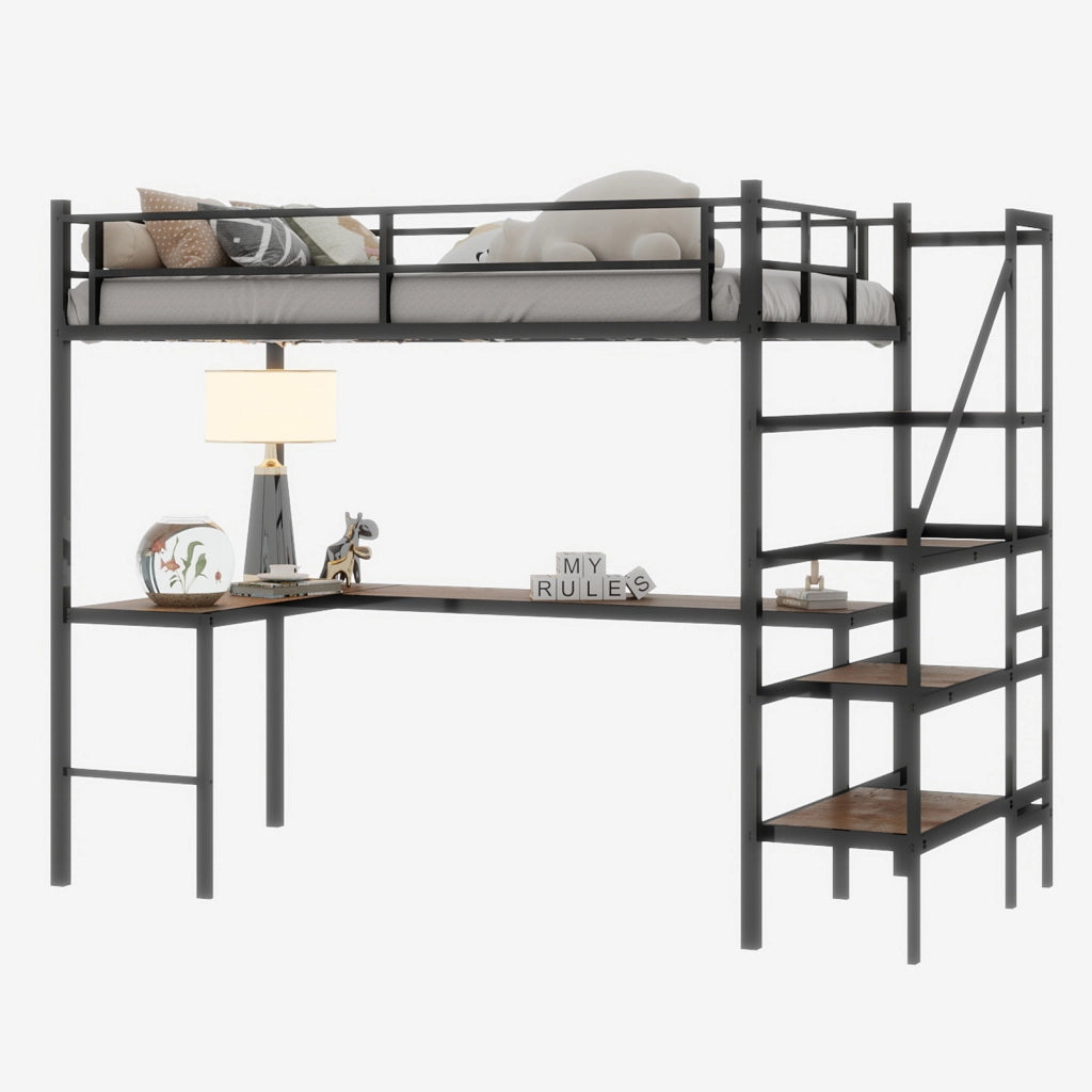 Letto a castello nero con scrivania a L funzione di stoccaggio ferro 90x190 cm