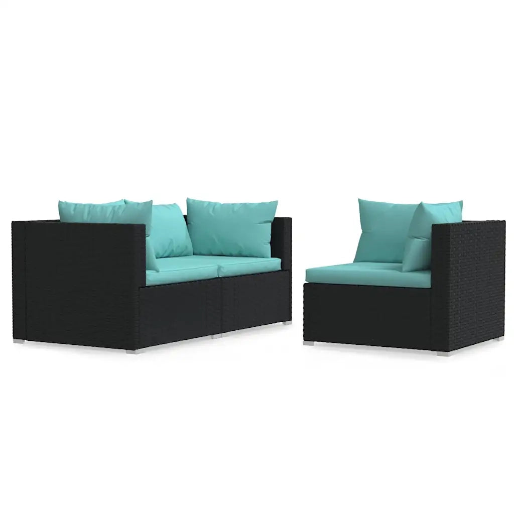 Salotto da Giardino-Set Divani da Giardino 3 pz con Cuscini Nero in Polyrattan 171097