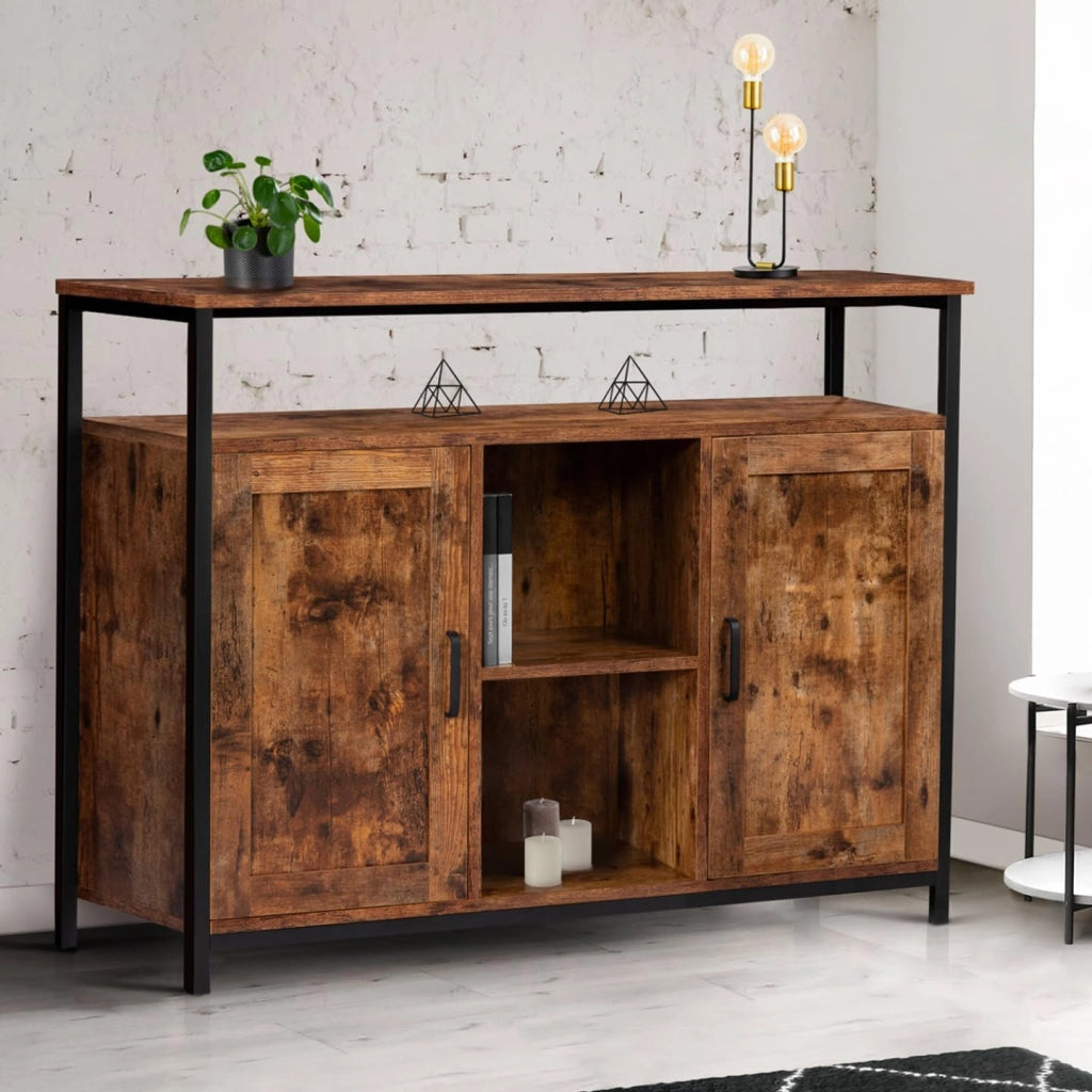Credenza a 2 ante con ripiani effetto invecchiato, design industriale DAYTON